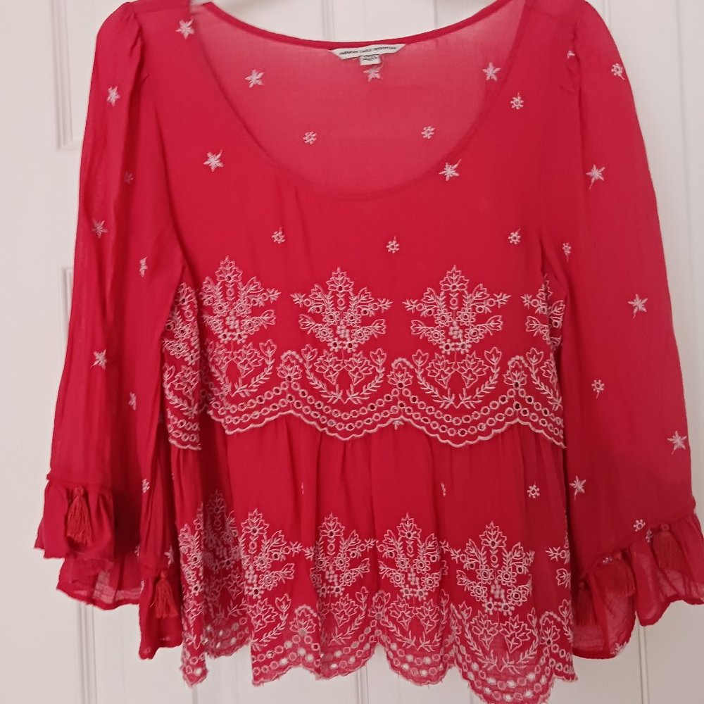 LAST CALL American Eagle Womens Coral Embroidered Blouse Top Size S